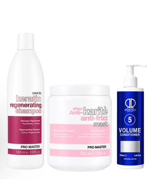 3 Produkter Promaster pakke Keratin Color 1000ml Shampoo, Anti krus 1000 Mask Rosted 5 Volume Conditioner 250ml